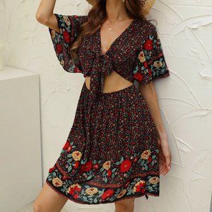 Peekaboo Tie Front Floral Dress
